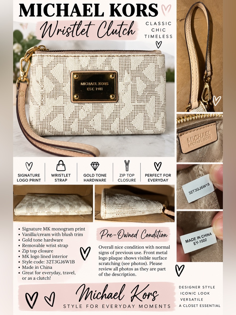 Michael Kors MK Signature Vanilla Logo Wristlet Clutch Gold Tone